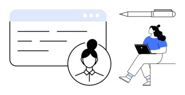 Dizüstü bilgisayar, profil simgesi, web sayfası ve kalem üzerinde çalışan kişi. Uzaktan çalışma, dijital kimlik, çevrimiçi profiller, serbest çalışma alanı, çevrimiçi etkileşimler, markalaşma için ideal. Satır metaforu
