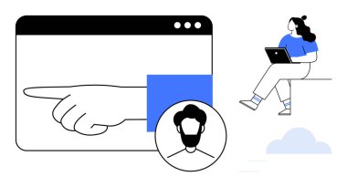 Web tarayıcı penceresinden el gösterimi, kişinin profil fotoğrafı, dizüstü bilgisayarı olan bir kadın. Uzaktan çalışma, çevrimiçi toplantılar, dijital iletişim, kullanıcı arayüzü tasarımı, teknik öğretiler için ideal
