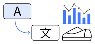 A harfi, Çince bir karaktere çevrilmiş, çizgili bar çizelgesi ve ayakkabı çizimi. Çeviri hizmetleri, veri analizi, ürün tasarımı, uluslararası işletme, eğitim, pazarlama için ideal