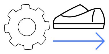 Sağ tarafı gösteren mavi oklu bir ayakkabının yanında vites, hareket ve ilerlemeyi gösteriyor. Üretim, üretkenlik, mühendislik, iş büyümesi, otomasyon, verimlilik, lojistik için idealdir. Çizgi