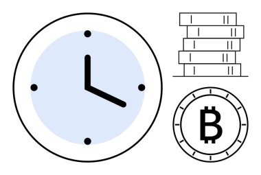 Bir yığın bozuk para ve Bitcoin sembolünün yanında siyah saati ve dakikası dakikası olan bir saat. Finans, yatırım, kripto para birimi, zaman yönetimi, ekonomik büyüme, tasarruf ve blok zinciri için ideal