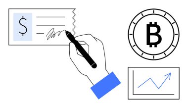 El imzası dolar çeki, Bitcoin sembolü ve yükselen grafik. Finans, kripto para birimi, ödemeler, yatırımlar, finansal büyüme, bankacılık, e-ticaret için ideal. Satır metaforu