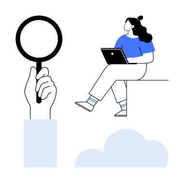 Bir dizüstü bilgisayarla kenarda oturan bir kadın, büyük bir el büyüteç tutuyor, bulut simgesi. Teknoloji için ideal, uzaktan çalışma, çevrimiçi öğrenme, bulut hesaplama, araştırma, dijital dönüşüm, minimalist