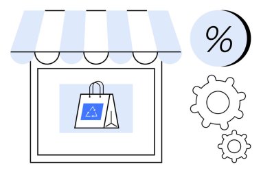 Çizgili tenteli mağaza vitrininde geri dönüşüm sembollü bir alışveriş torbası sergileniyor. Yüzdelik işaret çemberi ve kenarda vites simgeleri. Perakende satış, çevre dostu alışveriş, satış, dış ticaret, pazarlama için ideal