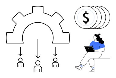 İş akışı diyagramı. İnsanların ikonlarına ok ve dişli. Dolar işaretli sikkeler. Tablet kullanan kadın. Ticari süreç yönetimi, mali planlama, üretkenlik ve teknoloji için ideal