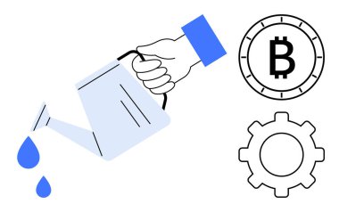 Bitcoin sembolü ve dişli çarkının yanında mavi damlacıklar olan bir su bidonundan su dökülüyor. Finans, yatırım, kripto para birimi, büyüme, yetiştirme, iş stratejisi ve teknoloji için ideal. Çizgi