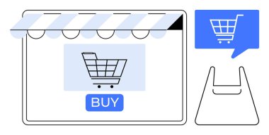 Çevrimiçi alışveriş portalı simgesi, el arabası resmi, satın alma düğmesi ve bir alışveriş çantası sembolü. E-ticaret, dijital pazarlama, çevrimiçi perakende, mobil ticaret, iş siteleri, tüketici uygulamaları için ideal