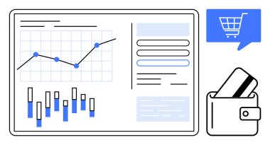 Ekranda yükselen trend, bar tablosu ve mali verilerle birlikte cüzdan ve alışveriş arabası simgesinin içinde yer alan grafikler. Finans, ekommerce, bütçe, ödeme çözümleri için ideal, çevrimiçi