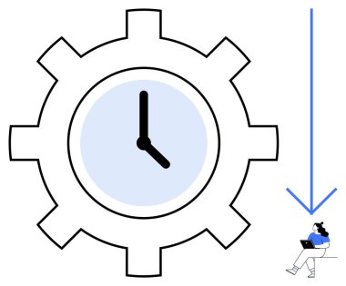 Saatin verimliliği simgelediği büyük teçhizat, iş kadını sandalyede oturan dizüstü bilgisayar, aşağı doğru ok. Üretkenlik, zaman yönetimi, iş verimliliği, iş dengesi, dakiklik için ideal