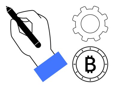 Elle tutulan kalem, Bitcoin sembolü ve teçhizatı çiziyor. Fintech, engelleme zinciri, dijital para birimi, teknoloji, yenilik, finans ve geliştirme için ideal. Satır metaforu