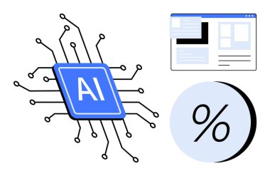 Devre çizgileri ile yapay zeka çipi, içerik düzeni ile ağ arayüzü ve teknoloji, veri ve analitiği temsil eden yüzde sembolü. AI geliştirme, veri bilimi, web tasarımı, analitik için ideal