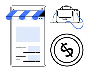Smartphone perakende web sitesi, kabzalı çanta ve büyük dolar sembolü gösteriyor. Çevrimiçi alışveriş, iş, e-ticaret, perakende yönetim, finans, dijital pazarlama, ekonomik