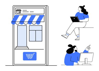 Market vitrininde alışveriş arabası simgesini gösteren cep telefonu tablet kullanan kişi, bilgisayar ekranını gösteren kişi. E-ticaret, çevrimiçi alışveriş, perakende, teknoloji, tüketici davranışı, dijital