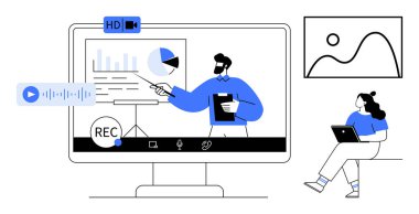 Bilgisayar ekranı sanal bir sunum gösteriyor, erkek sunucu grafikleri tartışıyor, ve tabletli kadın katılımcı. Çevrimiçi öğrenme, uzaktan çalışma, webinarlar, sanal toplantılar ve e-öğrenme için ideal