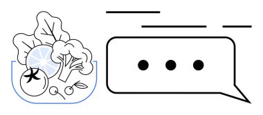 İçinde domates, brokoli ve ıspanak bulunan taze sebzeler mavi çizgili bir kasenin içinde, elipsli bir mesaj baloncuğunun yanında. Beslenme blogları, sağlıklı yaşam siteleri, aşçılık uygulamaları için ideal.