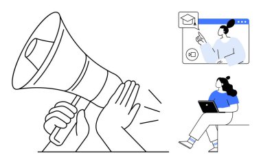 Megafon duyuruyu sembolize eder, çevrimiçi öğretmenle video görüşmesi, bilgisayar kullanan öğrenci. Eğitim, pazarlama, çevrimiçi öğrenme, dijital iletişim, uzaktan çalışma, sanal