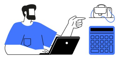 Bilgisayarda çalışan bir adam evrak çantası ve hesap makinesini işaret ediyor. İş stratejisi, finansal planlama, organizasyon, işyeri verimliliği, ofis araçları, hedef belirleme, verimlilik için ideal. Çizgi