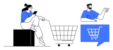 Akıllı telefondan bakan bir kadın, alışveriş arabası ikonuna bakan bir adam, büyük boş bir alışveriş arabası. E-ticaret, perakende satış, dijital pazarlama, tüketici davranışı, çevrimiçi alışveriş, müşteri