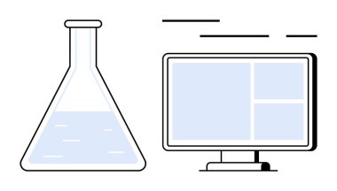 Bilgisayar monitörünün yanında sıvı bulunan ve veri bileşenlerini gösteren laboratuvar şişesi. Bilim araştırması, laboratuvar çalışması, veri analizi, eğitim, teknoloji entegrasyonu, biyoteknoloji için ideal