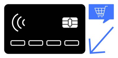 Sinyal simgesi ve konuşma balonunda alışveriş arabası ikonu olan temassız bir kredi kartı. Çevrimiçi alışveriş, e-ticaret, dijital ödemeler, mali işlemler, mobil bankacılık, perakende alımlar için ideal
