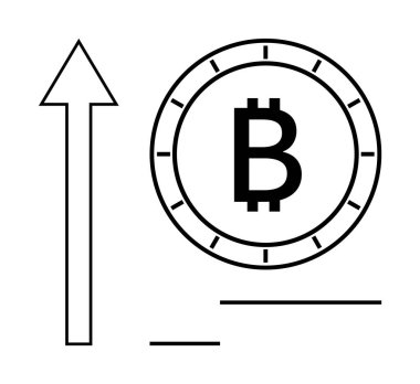 Bitcoin sembolü yukarı doğru ok ile bir madeni paranın içinde, büyümeyi ve değer artışını gösteriyor. Kripto para birimi, yatırım eğilimleri, mali başarı, piyasa analizi, gelecekteki teknoloji, zenginlik için ideal