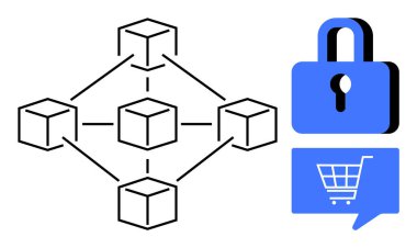 Birbirine bağlı blokları olan engelleme zinciri, güvenlik kilidi ve alışveriş arabası ikonu. Siber güvenlik, kripto para birimi, e-ticaret, teknoloji, veri koruması, çevrimiçi işlemler için ideal