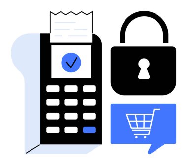 Payment terminal with receipt, shopping cart in a chat bubble, and padlock symbol. Ideal for e-commerce, online shopping, fintech, secure transactions, virtual marketplaces, contactless payments