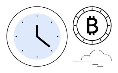 Bitcoin sembolünün yanındaki zamanı gösteren basit bir saat, çizilmiş bulutun üzerindeki bir çizgi ile bağlanmış. Finans, teknoloji, yatırım, kripto para birimi, engelleme zinciri, zaman yönetimi, dijital