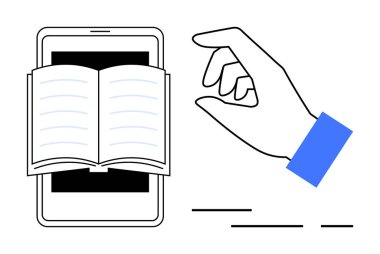 Akıllı telefon ekranını el hareketleriyle kaplayan açık bir kitap. E-öğrenme, çevrimiçi kütüphaneler, mobil okuma uygulamaları, dijital yayınlar, eğitim teknolojisi, uzaktan öğrenim için ideal