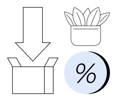 Large downward arrow points to open box, potted plant, and percent symbol. Ideal for packaging, e-commerce, promotions, gardening, sales, discounts, and delivery. Line metaphor clipart