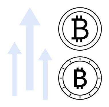 Bitcoin sembolleri, dikey okların yanında büyümeyi simgeleyen iki tarzda resmedilmiştir. Mali analizler, kripto para birimi eğilimleri, yatırım fırsatları, engelleme zinciri teknolojisi, ekonomik