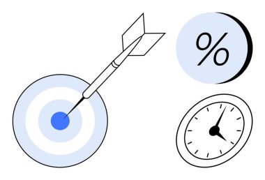 Dart vuruş merkezli hedef, büyük yüzde işareti ve mavi ve siyah renkli analog saat. İş stratejisi için ideal, hedef belirleme, mali planlama, zaman yönetimi, performans