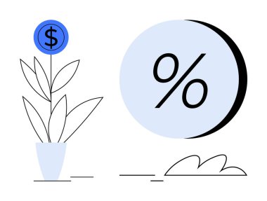 Büyük bir sembolün yanında bir tencerede dolar işareti büyüyen bir bitki. Finans, yatırım, bankacılık, faiz hesaplaması, ekonomik büyüme, iş stratejisi ve tasarruflar için ideal. Satır metaforu