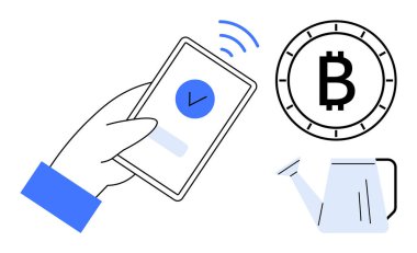 Elinde işaretli akıllı bir telefon, Bitcoin sembolü ve sulama kutusu olan bir telefon var. Kripto para birimi, mobil ödemeler, dijital cüzdanlar, finans teknolojisi, yatırım, çevrimiçi işlemler için ideal