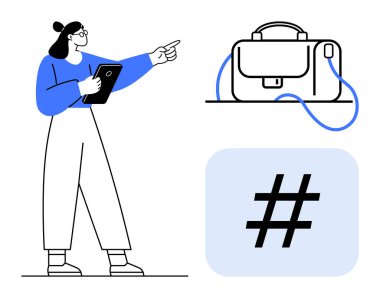 Tablet tutan kadın, işi sembolize eden evrak çantası, sosyal medyayı veya dijital eğilimleri gösteren meta veri etiketi. İş sunumları, kurumsal eğitim, sosyal medya stratejileri için ideal