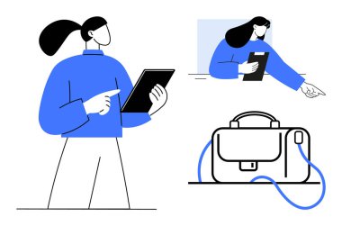 Profesyonel kadın tutucu tablet, panoyla pencereden etkileşim, masa başında evrak çantası. İş, ofis, verimlilik, teknoloji kullanımı, organizasyon, çoklu görev, takım çalışması için ideal. Çizgi