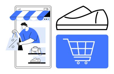 Elinde alışveriş poşetleri, ayakkabı grafiği, alışveriş arabası ikonu olan bir kişi. E-ticaret, perakende, çevrimiçi alışveriş, mobil uygulamalar, dijital pazarlama, web tasarımı, satışlar için ideal
