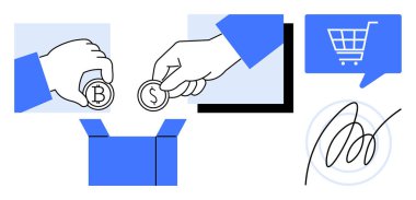 Açık bir kutunun üzerinde bitcoin ve dolar sikkeleri tutan eller, dijital alışveriş arabası ikonu, soyut imza. Finans, e-ticaret, kripto döviz, ödeme sistemleri, yatırım için ideal