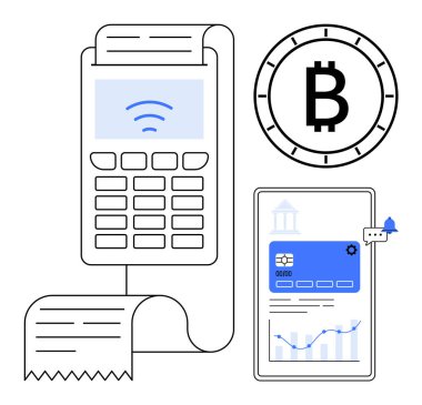 Faturalı dijital ödeme terminali, finansal uygulamaları gösteren akıllı telefon ve şifreli işlemleri temsil eden Bitcoin sembolü. Fintech, kripto para birimi, online alışveriş, e-ticaret için ideal.