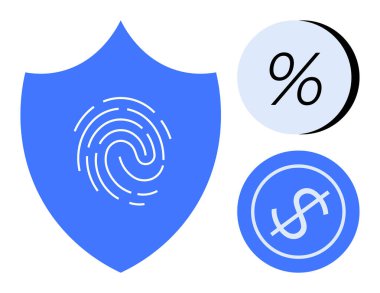 Üzerinde parmak izi olan mavi bir kalkan ve gri dairelerde dolar sembolleri var. Finansal güvenlik, biyometri, fintech, siber güvenlik, bankacılık, tasarruf ve bağış toplamak için ideal. Satır metaforu