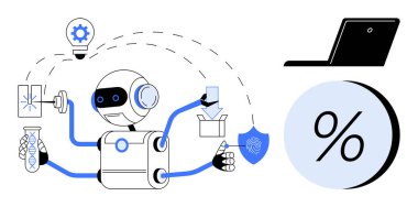 Birden fazla kolu olan robot, dizüstü bilgisayar ve yüzde sembolünün yanında test tüpü, anahtar ve paket tutmak gibi görevleri yerine getiriyor. Teknoloji, yenilik, yapay zeka, otomasyon, üretkenlik ve veri için ideal