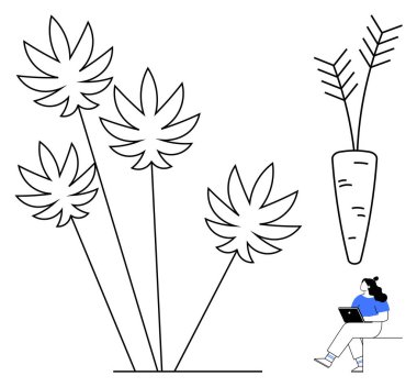 Dizüstü bilgisayarı büyük bitkiler ve havucun yanında oturan bir kadın. Üretkenlik, uzak çalışma, doğa teması, minimalizm, tarım, sakin çalışma alanı ve sağlık için idealdir. Satır metaforu