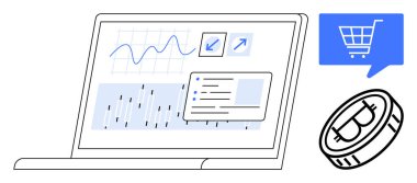 Şifreleme grafikleri ve ticari verileri gösteren dizüstü bilgisayarın yanında Bitcoin para ve mavi bir alışveriş arabası sembolü. Finans, ticaret, e-ticaret, kripto para birimi, dijital pazarlama, çevrimiçi için ideal