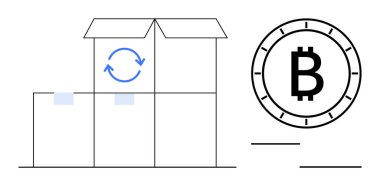 Bitcoin simgesinin yanında tazelenmiş bir sembolle karton kutuları aç. Engelleme zinciri, kripto para birimi, e-ticaret, nakliye, fintech, çevrimiçi ticaret, dijital ödemeler için ideal. Satır metaforu