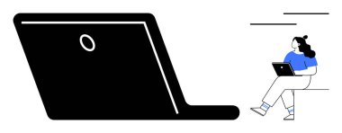 Dizüstü bilgisayar kullanan bir kadın, gelişigüzel oturmuş. Önde büyük bir dizüstü bilgisayar var. Uzaktan çalışma, çevrimiçi öğrenme, dijital göçebe yaşam tarzı, teknoloji, serbest çalışma alanı, üretkenlik için ideal. Çizgi