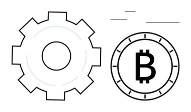 Dijital sikkenin içindeki Bitcoin sembolünün yanında vites simgesi var. Engelleme zinciri eğitimi, kripto para ticareti, finans teknolojisi, dijital yenilik, teknoloji dersleri, çevrimiçi kurslar için ideal