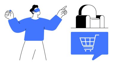 VR kulaklık, koltuk ikonu ve konuşma balonunda alışveriş arabası olan biri. Sanal gerçeklik için ideal, çevrimiçi alışveriş, e-ticaret, teknoloji, gelecek perakende, dijital deneyimler