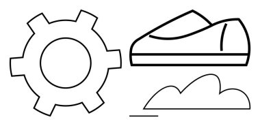 Vites dişlisi, spor ayakkabı ve bulut sembolleri. Teknoloji, atletizm, hava durumu, iş dünyası, çevre, sürdürülebilirlik ve açık hava temaları için ideal
