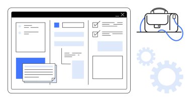 Görev listeleri, belgeleri ve evrak çantasıyla birlikte dijital çalışma alanı. Arka planda vitesler. Proje yönetimi, üretkenlik araçları, organizasyon uygulamaları, iş planlaması, ofis için ideal