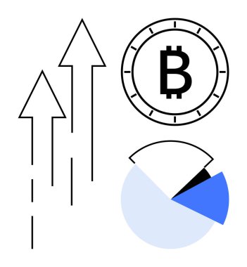 Büyümeyi gösteren yukarı doğru oklar, saat benzeri bir çember içinde Bitcoin sembolü, ve işaretli bir kesitli turta grafiği. Finans, kripto para birimi eğilimleri ve ekonomik analiz için ideal